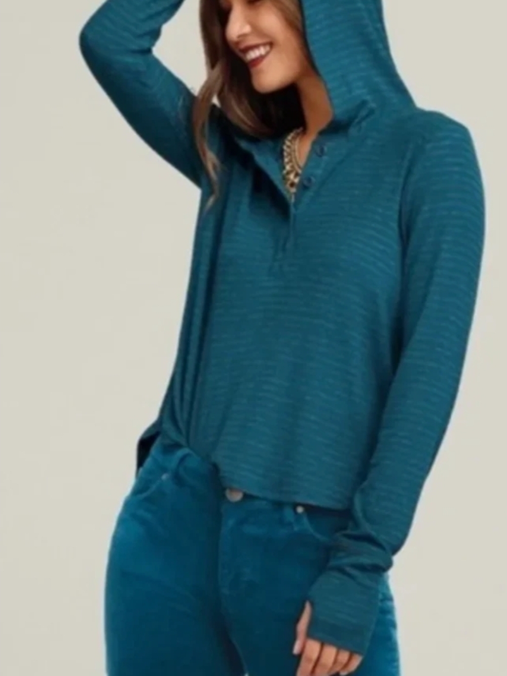 CAbi Riff Teal Hooded Henley Knit Top